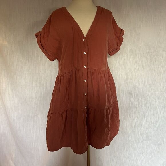 Madewell Lightspun Cuff Sleeve Button Front Tiered Dress Orange V Neck Medium - Picture 5 of 14